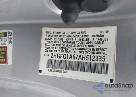 2010 Honda Civic Lx z USA, uszkodzony, nr VIN 2HGFG1A67AH512335